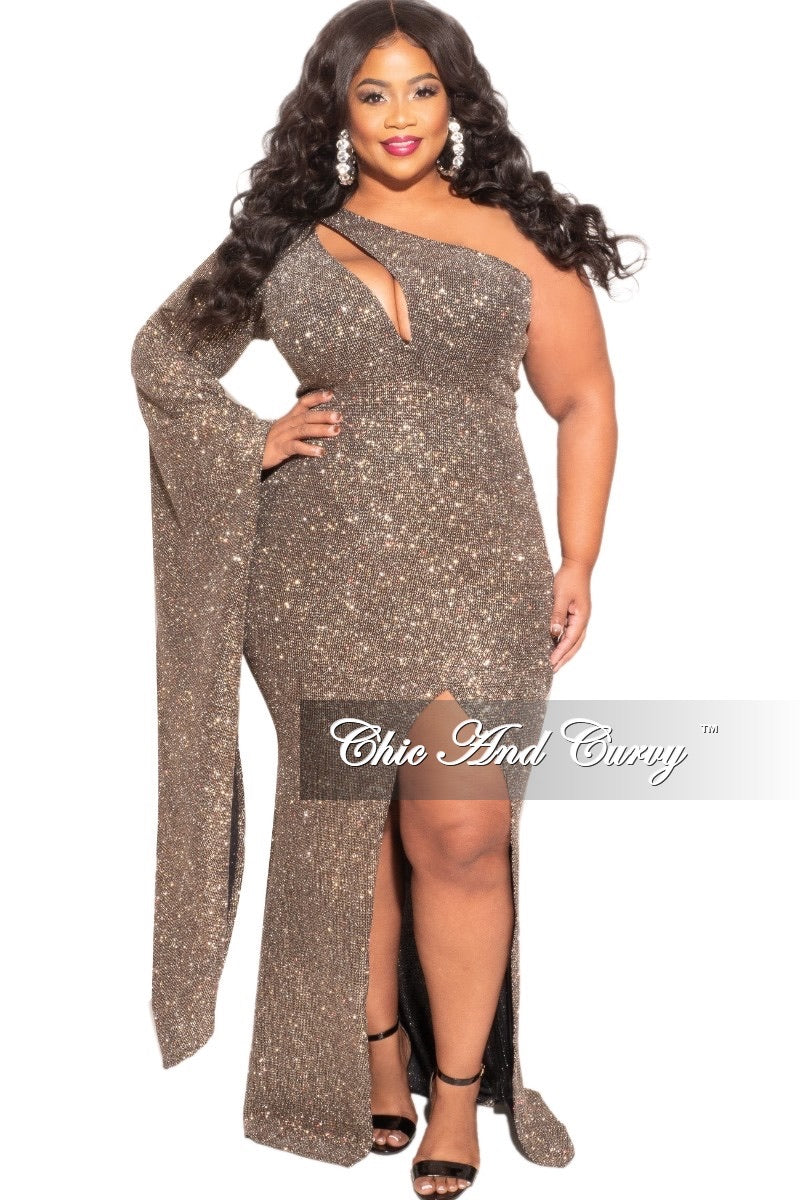 Final Sale Plus Size Glitter Long Sleeve Cut Out Gown with Side Slit in Gold