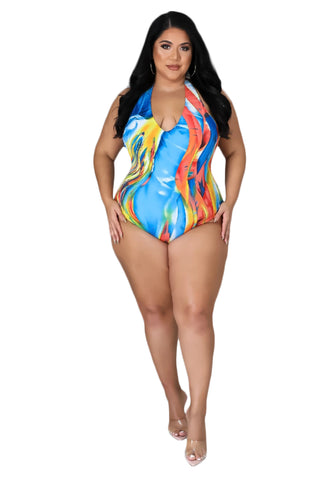 Final Sale Plus Size 2pc Set Poolside Playsuit with Bodysuit & High Split Skirt in Watercolor Print
