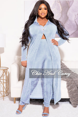 Final Sale Plus Size 2pc Set Duster Top with Front Gold Buttons and Matching Pants in Blue Slinky Fabric
