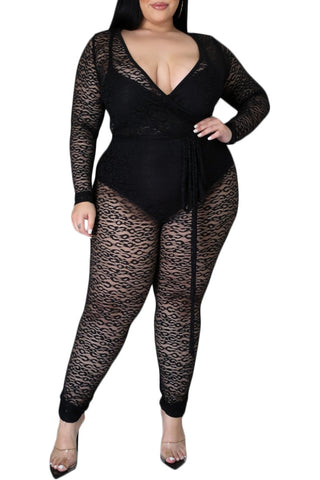 Final Sale Plus Size Long Sleeve Faux Wrap Jumpsuit with Attached Tie in Black Lace