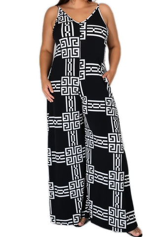 New Plus Size Spaghetti Strap Belted Jumpsuit in Black & White