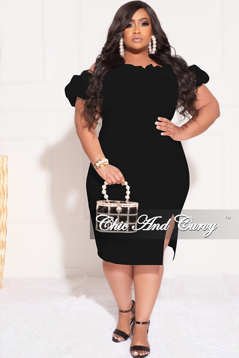 Final Sale Plus Size Off the Shoulder Ruffle BodyCon Dress with Side Slit in Black