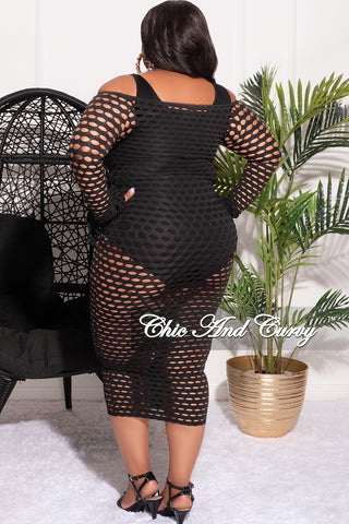 Final Sale Plus Size Off the Shoulder Fishnet Midi Dress with Slit Bell Sleeves in Black