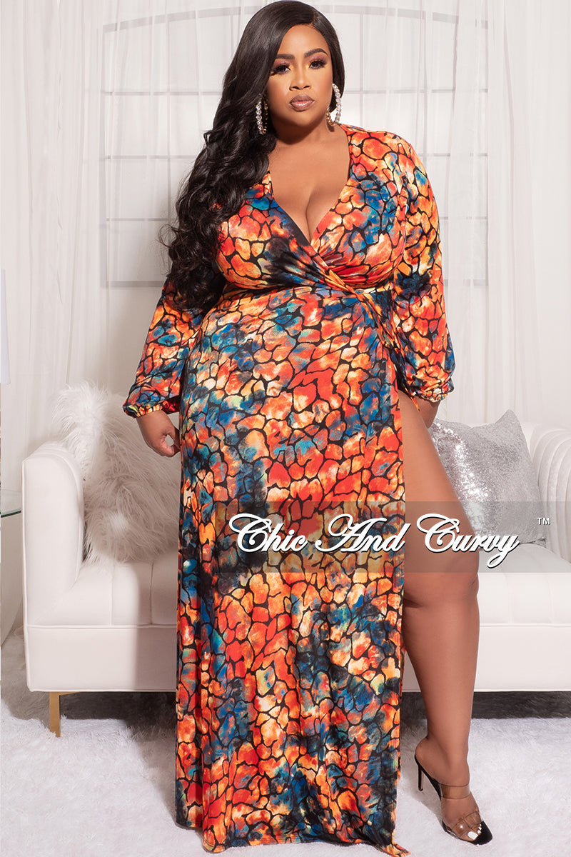 Final Sale Plus Size Faux Wrap Dress with Tie and High Slit in Multi Color Design Print
