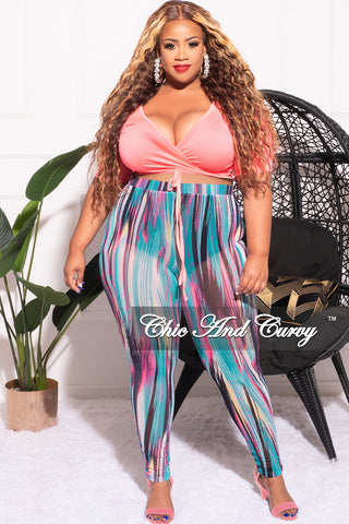 Final Sale Plus Size 2pc Long Sleeve Crop Tie Top and Mesh Pants in Neon Pink Multi Color
