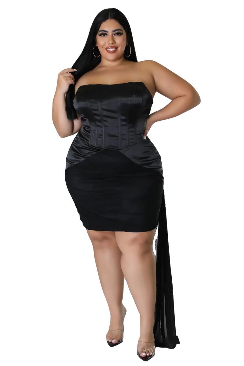 Final Sale Plus Size Satin Strapless Mini Dress with Side Train in Black - 1x 14/16 Final Sale Plus Size Satin Strapless Mini Dress with Side Train in Black - 1x 14/16