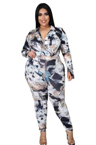 Final Sale Plus Size 2pc (Bodysuit & Pants) Set in Navy, Black & Tan Artist Print