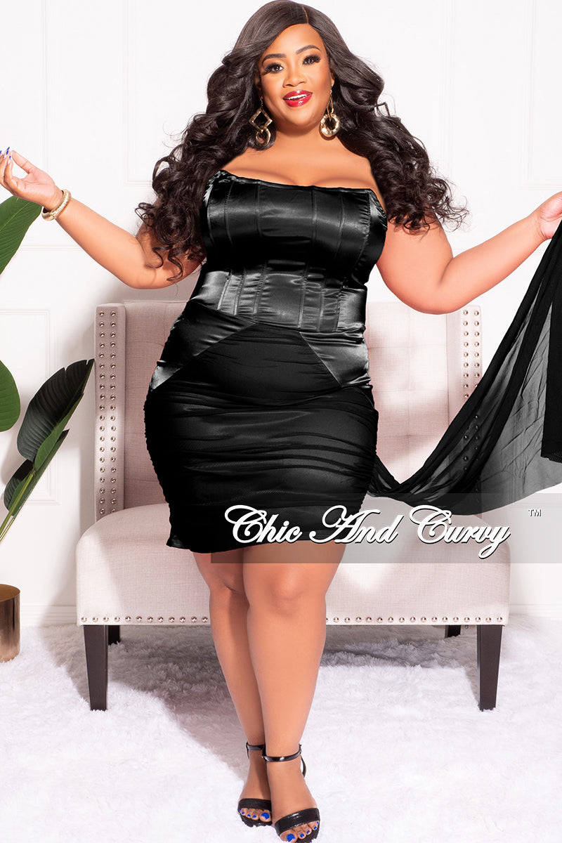 Final Sale Plus Size Satin Strapless Mini Dress with Side Train in Black