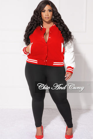 Final Sale Plus Size Plain Varsity Jacket in Red and White
