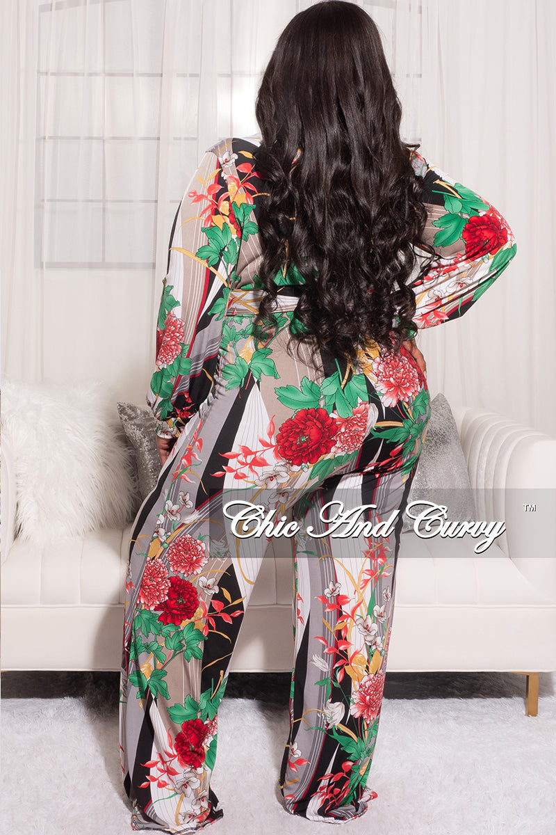 Final Sale Plus Size Wide Leg Jumpsuit in Black, White, Green, & Red Print Fall