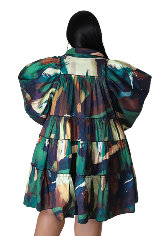 Final Sale Plus Size Puffy Sleeve 3-Tiered Button Up Collar Baby Doll Dress in Green and Brown Multicolor