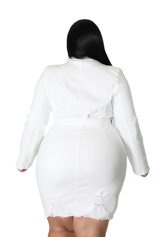 Final Sale Plus Size Collar Button Up Distress Dress in Off White/Ivory