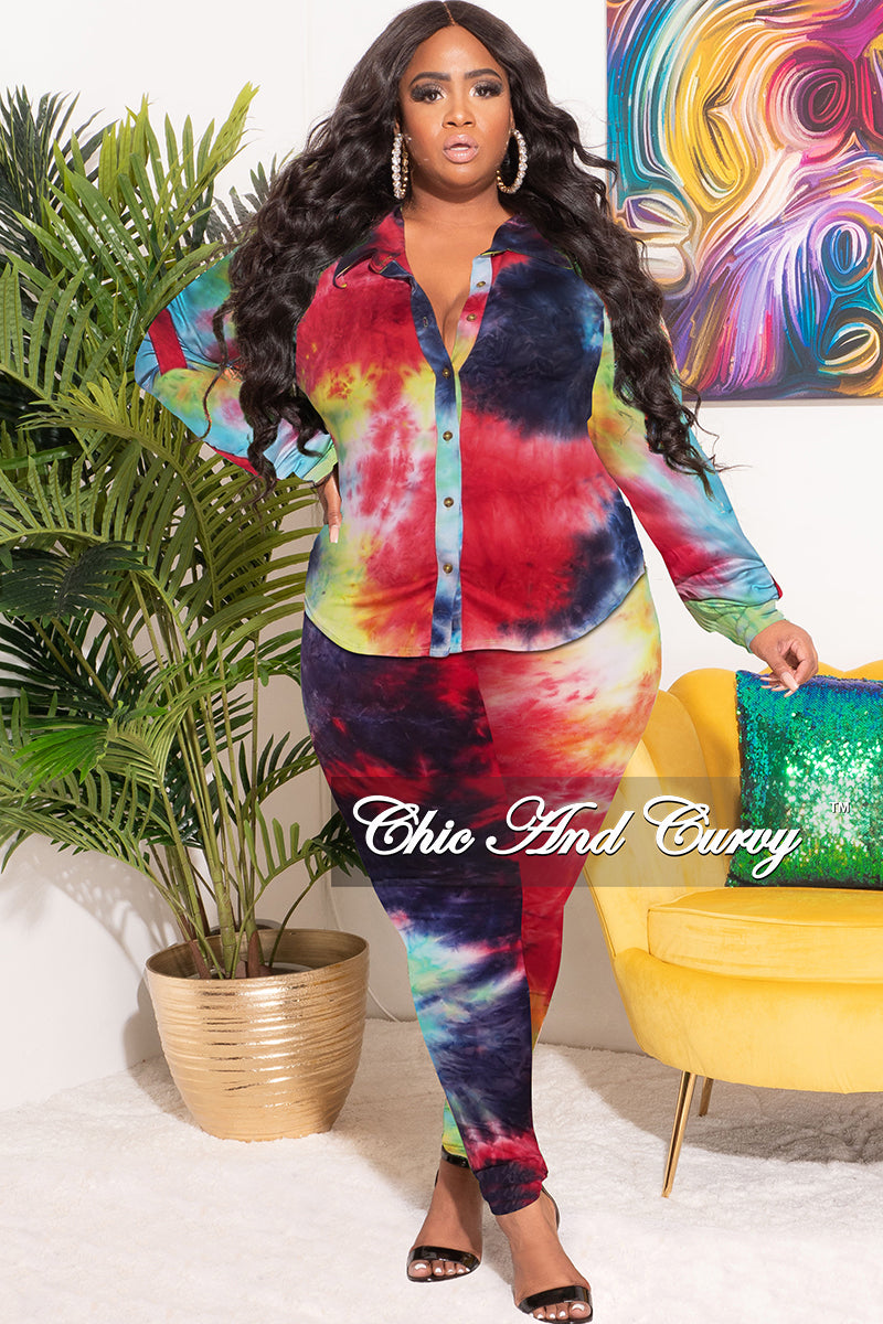Final Sale Plus Size 2-Piece Button Up Collar Top and Pants Set in Multi Color Tie Dye Print