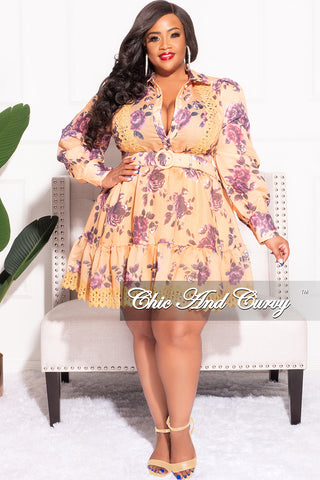 Final Sale Plus Size Baby Doll Dress with Mustard and Purple Print