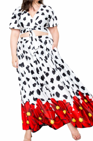 Final Sale Plus Size 2pc (Faux Wrap Crop Tie Top & Skirt) Set in Black & White with Red Floral Print
