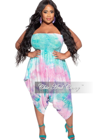 Final Sale Plus Size Strapless Smocked Harem Jumpsuit in Aqua Purple Pastel Tie Dye