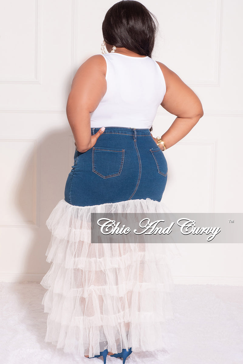 Final Sale Plus Size Denim Skirt with Tulle Layered Bottom in Off White