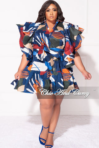 Final Sale Plus Size 3-Tiered Button Up Baby Doll Dress with Flutter Sleeves in Navy Orange and Olive MultiColor Print