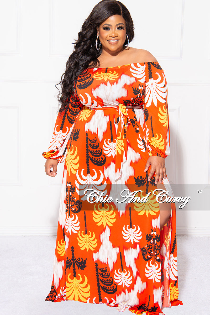 Final Sale Plus Size Off The Shoulder Dress with High Front split in Orange, Red, Yellow, Black & White