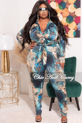 Final Sale Plus Size 2pc Self Tie Crop Top & Pants Set in Navy Turquoise and Tan