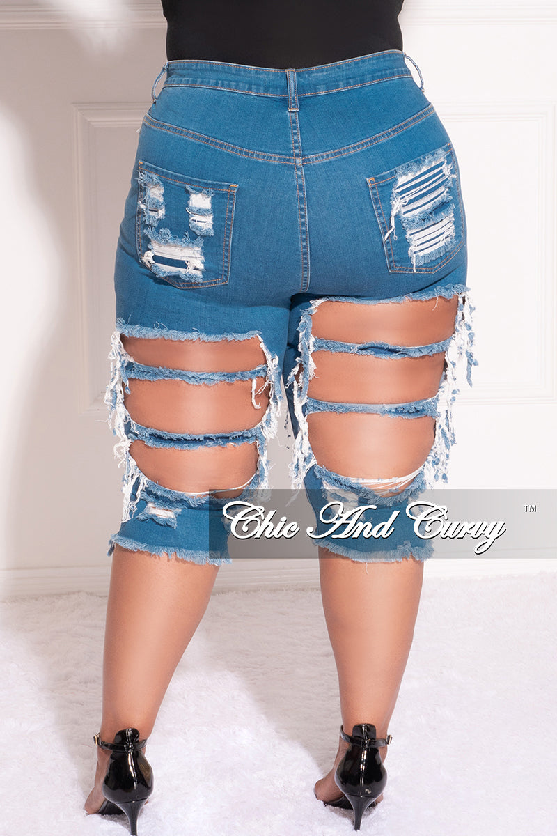 Final Sale Plus Size Bermuda Shorts Extremely Distressed in Blue (No Side Fringe)