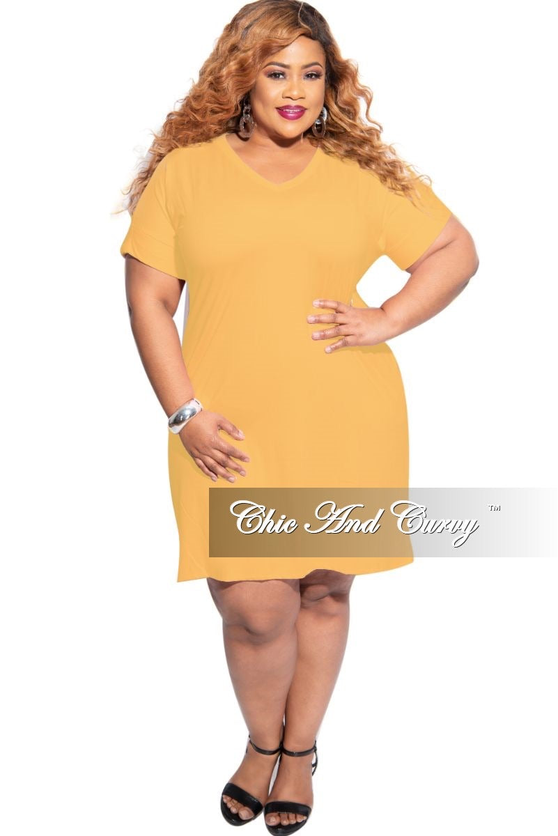 Final Sale Plus Size Rolled Sleeve V-Neck Dress in Mustard