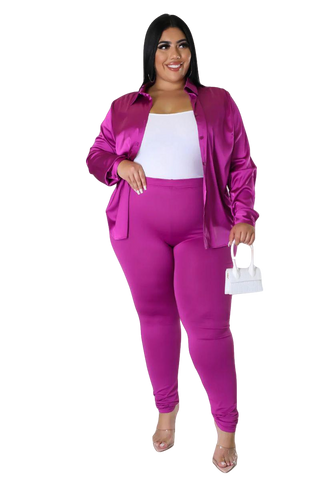 Final Sale Plus Size 2pc Button Up Collar Satin Top and Pants Set in Berry