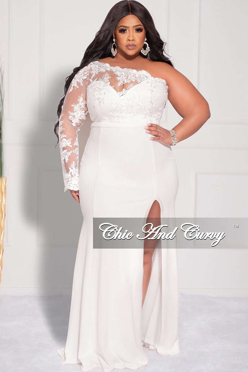 Final Sale Plus Size One Shoulder Long Sleeve Lace Detail Gown with Side Slit in Ivory - S 2/4 Final Sale Plus Size One Shoulder Long Sleeve Lace Detail Gown with Side Slit in Ivory - S 2/4