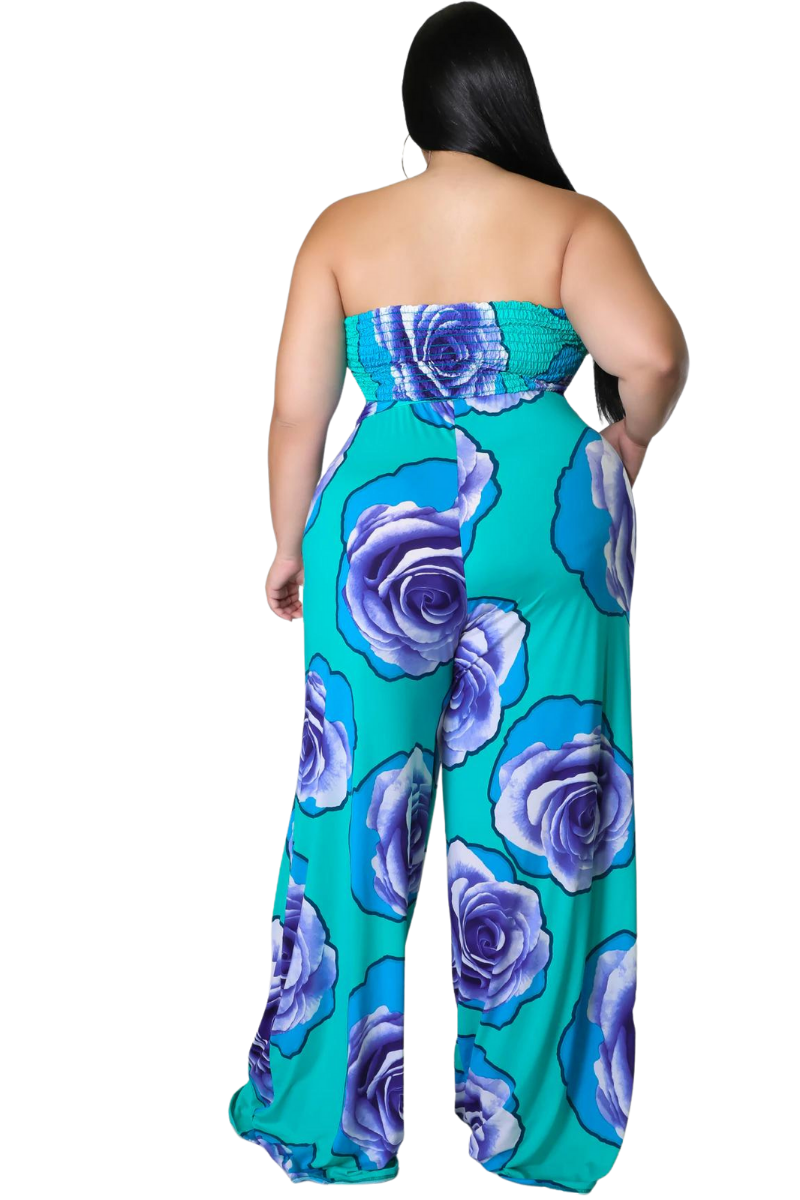 Final Sale Plus Size Strapless Jumpsuit with Waist Tie in Turquoise Floral Print