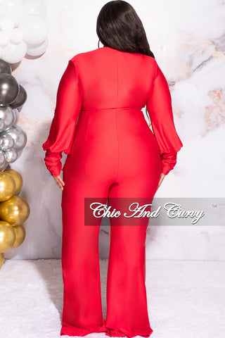 Available Online Only - Final Sale Plus Size Faux Wrap Ruched Sleeve Shiny Jumpsuit in Red