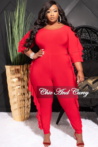 Final Sale Plus Size Jumpsuit with Ruffle Trim in Red