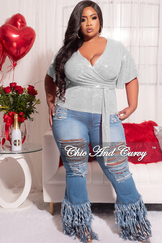 Final Sale Plus Size Faux Wrap Top with Tie in Faux Sequin Dot Fabric in Silver Iridescent