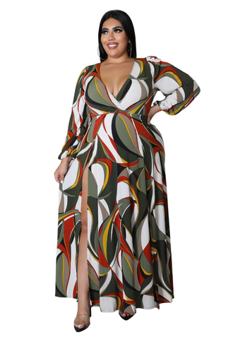 Final Sale Size Faux Wrap Maxi Dress with Double Slits in Olive Multi ...