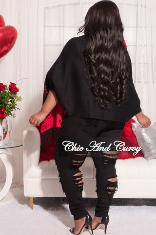 Final Sale Striped Poncho Shaw in Black and Red Design Print