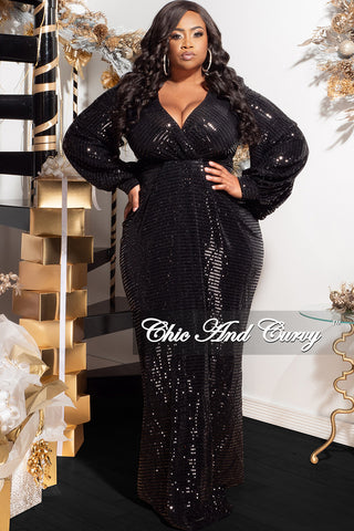 Final Sale Plus Size Balloon Sleeve Deep V Faux Sequin Gown in Black
