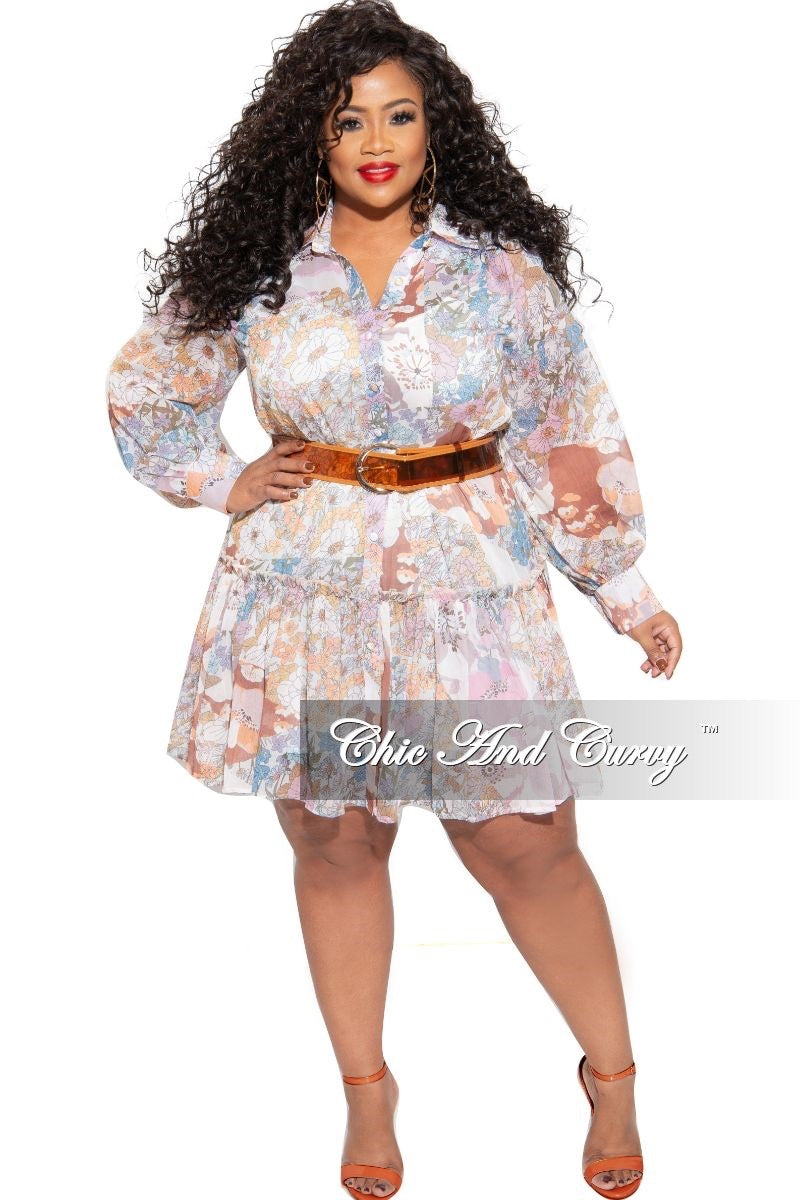 Final Sale Plus Size Babydoll Dress Floral Print with Camel Belt