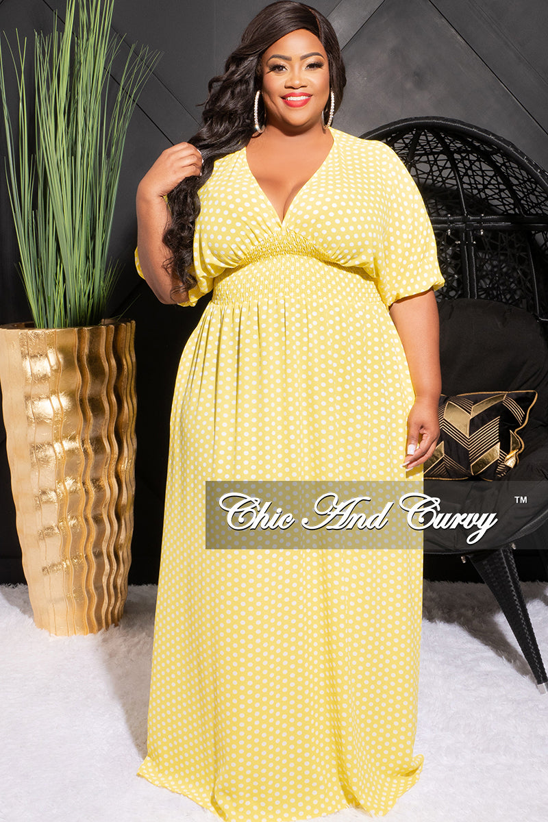 Final Sale Plus Size Deep V Dress in Yellow and White Polka Dot