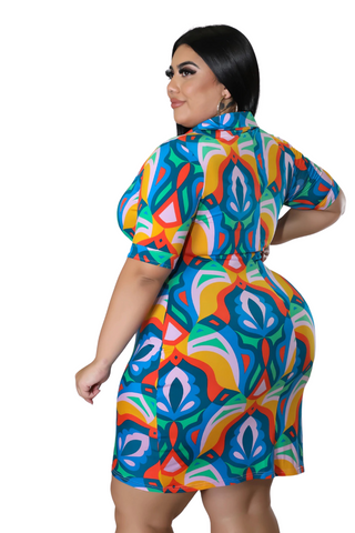 Final Sale Collar Button Up Bodycon Dress in Psychedelic Print