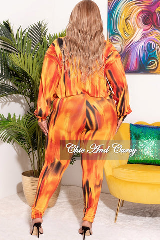 Final Sale Plus Size 2pc Set Top & Pants in Orange, Yellow & Black Print Fall