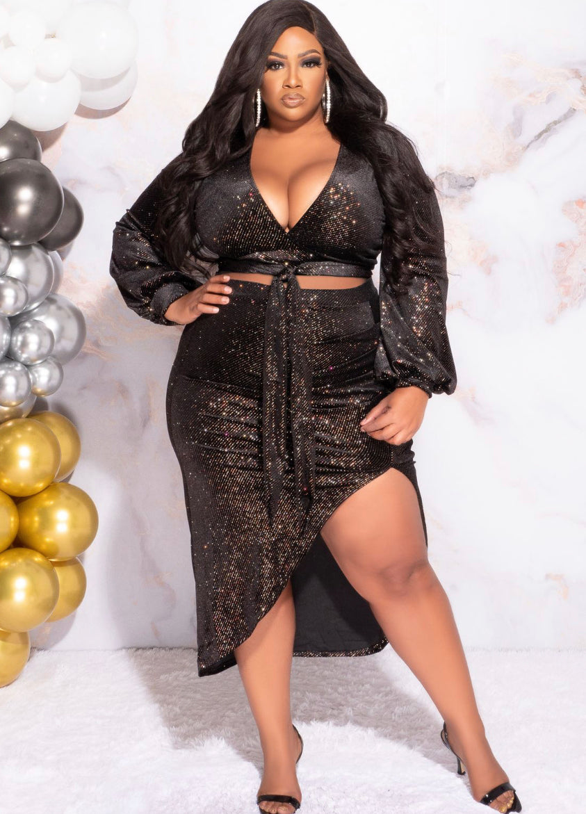 Available Online Only - Final Sale Plus Size 2pc Top & Skirt Set in Velvet & Multi Color Gold Glitter