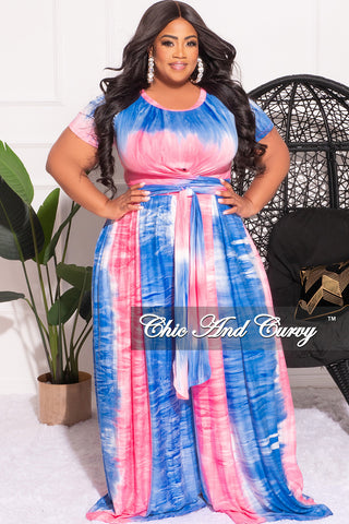 Final Sale Plus Size 2pc Set Cropped Tie Top & Pants in Pink, Blue, and White Tie Dye Print