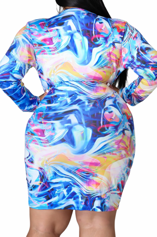 Final Sale Plus Size BodyCon Midi Dress in Blue Paint Print Fall
