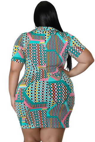 Final Sale Collar Button Up Bodycon Dress in Polka Dot Multi Color Print