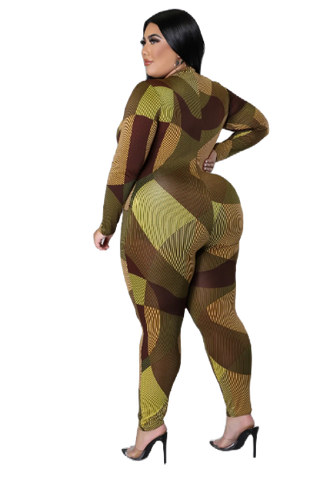 Final Sale Plus Size Collar Zip Up Jumpsuit in Olive and Brown Design Print