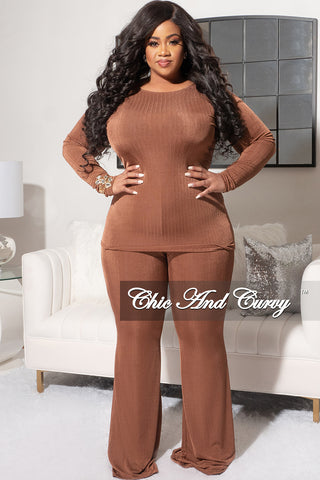 Final Sale Plus Size Ribbed 2pc Long Sleeve Top and Pants Set in Brown Rust