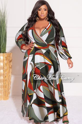 Final Sale Size Faux Wrap Maxi Dress with Double Slits in Olive Multi ...