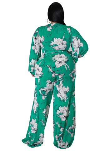 Final Sale Plus Size Deep V Jumpsuit with Tie in Green and White Floral Print