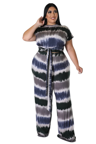 Final Sale Plus Size 2-Piece Short Sleeve Tie Top and Pants Set in Navy & Grey