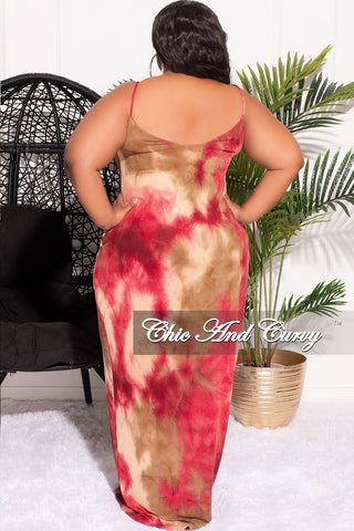 Final Sale Plus Size Spaghetti Strap Maxi Dress in Red and Brown Tie Dye