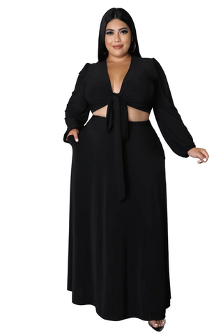 Final Sale Plus Size 2pc Long Sleeve Crop Tie Top and Skirt Set in Black